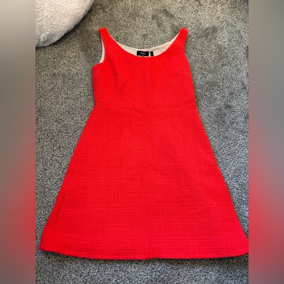 theory ballerina neckline mini dress in cotton tweed Red Cotton Tweed Ballerina Neckline Mini Dress